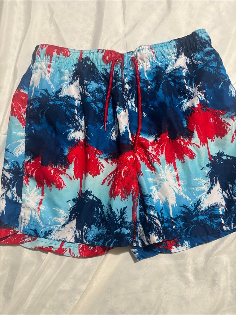 George Blue and Red Palm Print Swim Trunks